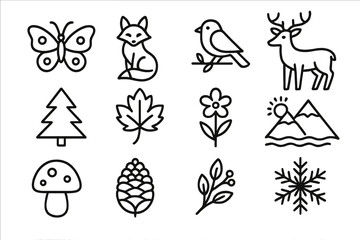 Nature and wildlife line icon set. Forest animals, plants, four seasons symbols. Minimalist outline vector graphic. Includes deer, fox, bird, butterfly, tree, leaf, snowflake.