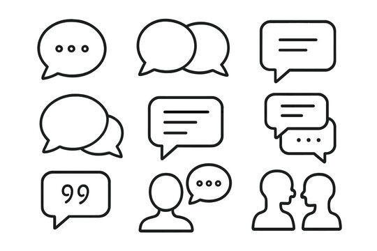 Speech bubble icon set for communication, dialogue, chat, messaging concept. Editable stroke vector cartoon collection. Infographic, media, article, flyer, banner, publication graphic elements.