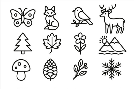 Nature and wildlife line icon set. Forest animals, plants, four seasons symbols. Minimalist outline vector graphic. Includes deer, fox, bird, butterfly, tree, leaf, snowflake.