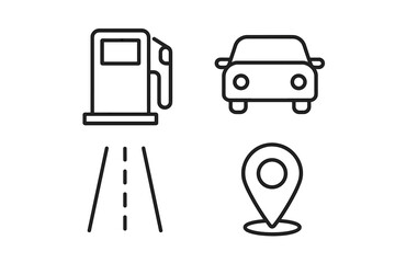 Gas station, car, road, map pin thin line icon set. Vector transport and travel symbols. Automotive, fuel, navigation, GPS, and destination concept icons. Editable stroke.