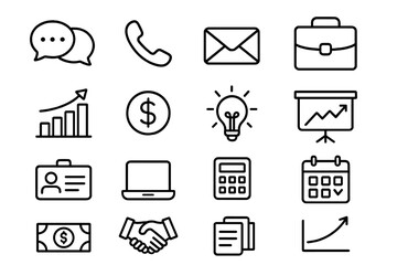 Business and finance line icon set. Office, communication, and marketing essentials. Vector icons for web, UI, UX. Growth, strategy, and management symbols. Isolated.