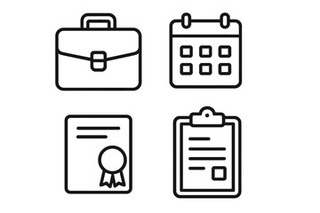 Business office linear icon set. Essential work items: briefcase, calendar, certificate, clipboard. Vector concepts for management, schedule, document, award, and portfolio.