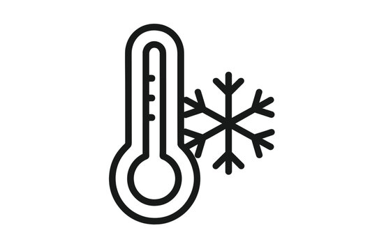 Cold weather thermometer icon with snowflake. Freezing temperature symbol. Winter season, frost and snow concept. Minimalistic thin line vector for web and graphic design.