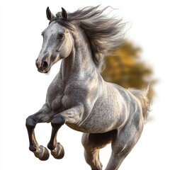 powerful gray horse with flowing mane energetically running or jumping with focused expression against a blurred natural background