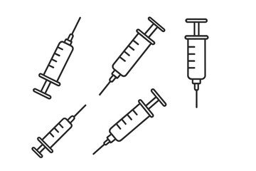 Syringe icon set vector line art. Medical injection for vaccine or vaccination concept. Healthcare, medicine, and clinical treatment symbol. Doodle illustration of a drug dose.