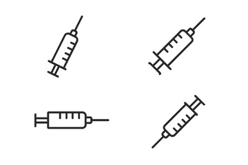 Syringe injection icon set. Medical vaccine symbol. Vector line art illustration. Health care, treatment, vaccination, hospital, clinic, dose, drug design element. Outline graphic.