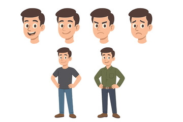Man character creation set for animation. Cartoon person constructor with various facial expressions and emotions. Vector guy with changeable clothes for explainer videos.