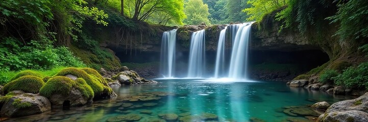 Fototapeta premium Serene waterfall cascading over mossy rocks into a tranquil pool Perfect for relaxation and meditation; nature's spa Escape to peace , scenery, vibrant