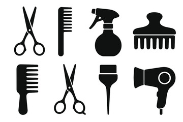 Fototapeta premium Hairdressing tools icon set. Professional hairstylist equipment. Black silhouettes for barbershop and beauty salon design. Vector graphic collection with scissors, comb, and hairdryer.