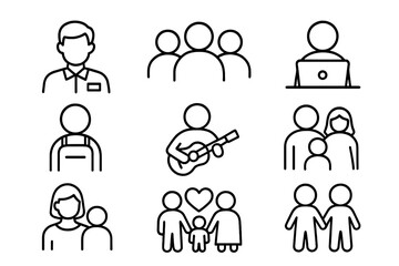 User related simple icon set with staff, people, work, hobbies, and family icons for graphic design, websites, cards, books, articles, vector cartoon illustration