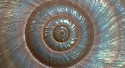Obraz premium Mesmerizing iridescent nautilus shell spiral showcases intricate natural patterns and pearlescent textures, inviting wonder and appreciation for oceanic beauty.