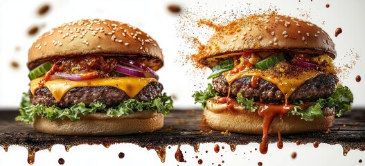 Two juicy cheeseburgers with sesame seed buns, melted cheddar cheese, lettuce, cucumber slices, red onion rings, and sauce dripping amidst floating spices on a rustic wooden surface