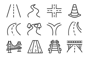 Road and highway line icon set. Vector collection of path, bridge, intersection, railway, and traffic cone symbols. Outline signs for web, app, travel maps and graphic design.
