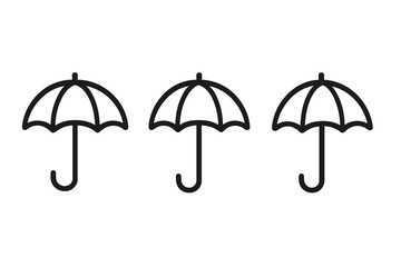 Umbrella icon set. Simple linear parasol symbol. Minimalist outline pictogram for weather and rain. Concept of protection, safety, insurance. Vector graphic design element.