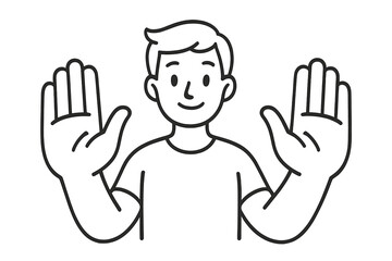 Man with open hands gesture. User showing stop, welcome, or number ten. Personal security, care, or user icon concept. Simple outline vector character for web and apps.