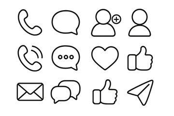 Social media communication outline icon set. Linear symbols for web and app UI. Vector collection of call, chat, message, like, share, add user and profile icons.