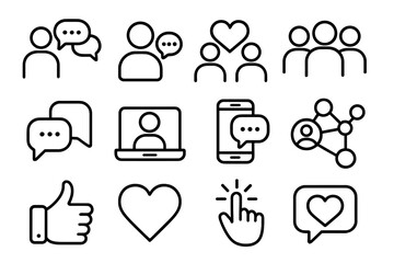 Social media line icon set. Digital communication, online community, user engagement. Network, chat, like, share, follow, comment. Vector icons for app, web, and marketing.