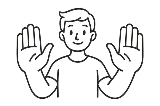 Man with open hands gesture. User showing stop, welcome, or number ten. Personal security, care, or user icon concept. Simple outline vector character for web and apps.