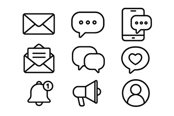 Communication and messaging outline icon set. Vector icons for email, chat, and social media apps. Includes notification bell, like, user profile, and message symbols.