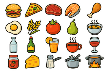 Food and drink icon set. Colorful cartoon vector collection of culinary elements and cooking methods. Includes burger, pizza, meat, fish, fruit, coffee, wine. For restaurant menu.