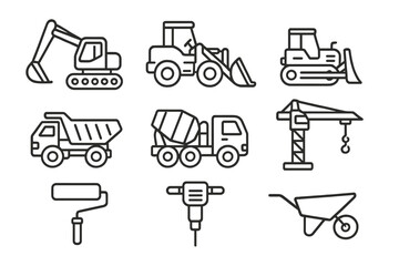 Construction equipment line icon set. Heavy machinery and building tools linear collection. Vector symbols for industry. Excavator, loader, bulldozer, dump truck, crane icons.