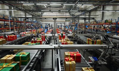 View of a warehouse interior with conveyor belts carrying wrapped christmas presents for delivery - Powered by Adobe