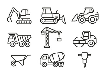 Construction equipment line icon set. Heavy machinery and tools linear collection. Vector outline symbols for building and industry. Excavator, crane, bulldozer, truck icons.