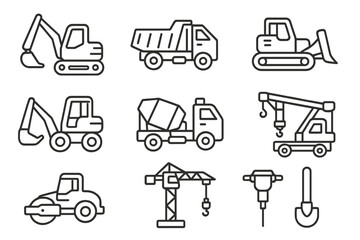 Construction machinery line icon set. Heavy equipment, vehicles and tools for building. Vector outline symbols of excavator, truck, bulldozer, crane. Linear pictogram collection.