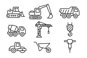 Construction equipment line icon set. Heavy machinery, building tools linear collection. Vector icons of bulldozer, excavator, crane, dump truck, cement mixer, jackhammer.