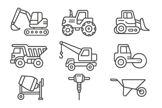 Construction equipment line icon set. Heavy machinery and building tools linear collection. Vector cartoon illustration with excavator, bulldozer, dump truck, crane, and roller.