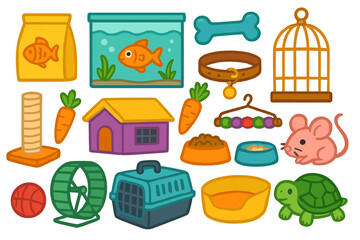 Pet care supplies icon set. Vector cartoon collection of accessories for dog, cat, fish, bird, turtle, hamster. Pet shop elements: food, toys, carrier, cage, collar, bed.
