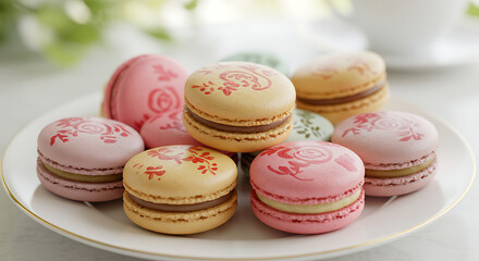 Obraz premium Colorful macaron dessert, sweet French pastry with cream filling, stacked cookies for bakery, celebration, and lifestyle concept.