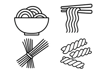 Noodle and pasta line icon set. Vector collection with ramen bowl, noodles with chopsticks, spaghetti, fusilli. Asian and Italian food symbols for graphic design, web, apps, menu.