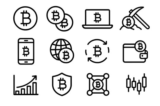 Bitcoin cryptocurrency outline icon set. Digital finance and blockchain technology symbols. Crypto mining, trading, exchange and wallet vector linear icons for web and mobile.