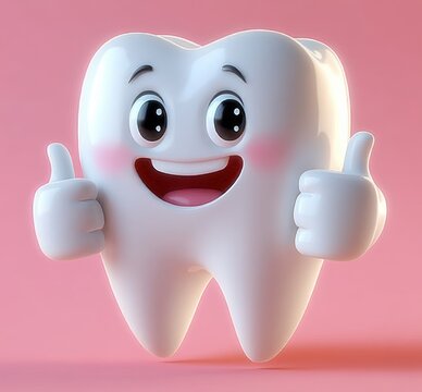 happy shiny cartoon tooth with big eyes and smiling mouth showing thumbs up on pink background