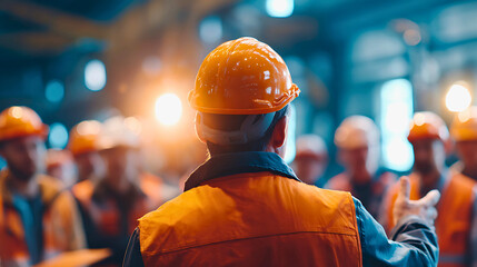 Industrial worker in orange hard hat leading a team in a busy factory environment with blurred background