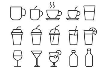 Beverage and drink line icon set. Coffee, tea, cocktail, juice, soda, wine and water cup, glass, bottle. Simple outline symbol collection for web, mobile app, menu.