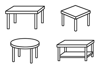 Table and desk icon set. Vector line art of furniture for interior design. Includes dining, coffee, and side tables. Minimalist outline style for web, apps, and infographics.