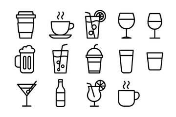 Beverage and drinks line icon set. Coffee, tea, beer, wine, cocktail, and juice vector outline symbols. For menu, bar, restaurant, graphic and web design, apps.