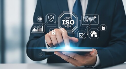 A businessman is using a tablet with iso icons on a virtual screen to ensure quality control and standardization in the organization