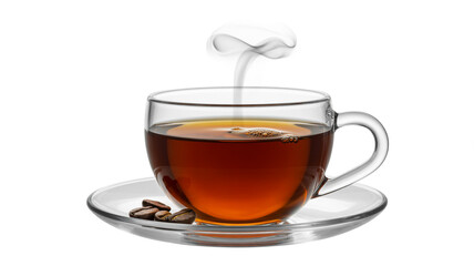 Aromatic cup of hot coffee with steam and coffee beans for energy boost