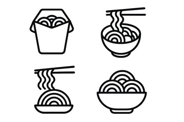 Noodle and ramen line icon set for asian food. Chinese or Japanese restaurant menu elements. Vector outline symbols for takeout box, bowl with chopsticks. Graphic illustration.
