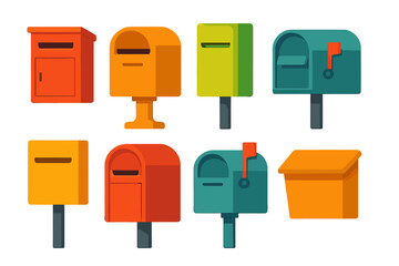 Set of colorful mailboxes. Collection of various postbox and letterbox types. Mail delivery, postage and communication concept. Vector cartoon flat design icon illustration.