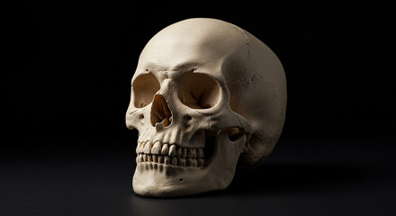Obraz premium Detailed Human Skull Model with Dramatic Lighting Against a Dark Background