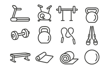 Fitness equipment line icon set. Exercise, workout, gym tools collection in outline style. Vector symbols for health, sport and training. Dumbbell, kettlebell, treadmill icons.