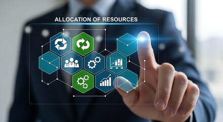 Allocation of resources and business strategy concept, business person touching virtual screen with icons, planning and management, efficiency