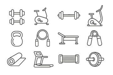 Fitness equipment line icon set. Gym and workout tools collection. Vector illustration in outline style. Dumbbell, treadmill, kettlebell, exercise bike, sport symbols.