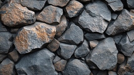 close-up view of irregularly shaped gray and brown rocks tightly fitted together creating a rough textured surface