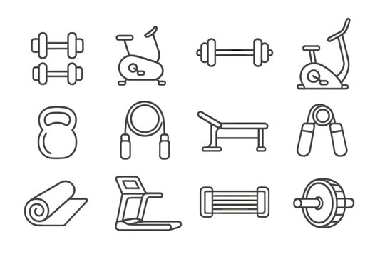 Fitness equipment line icon set. Gym and workout tools collection. Vector illustration in outline style. Dumbbell, treadmill, kettlebell, exercise bike, sport symbols.