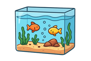 Aquarium with two goldfish vector illustration. Cute cartoon fish tank with water, seaweed and sand. Pet shop icon. Aquatic animal, underwater life concept on transparent background.